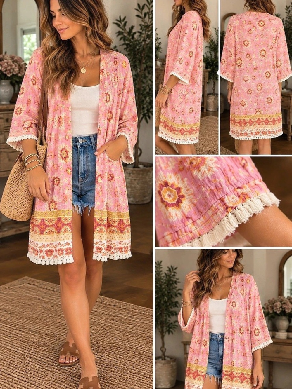 World Market Floral Cotton Kimono in Pink Like New